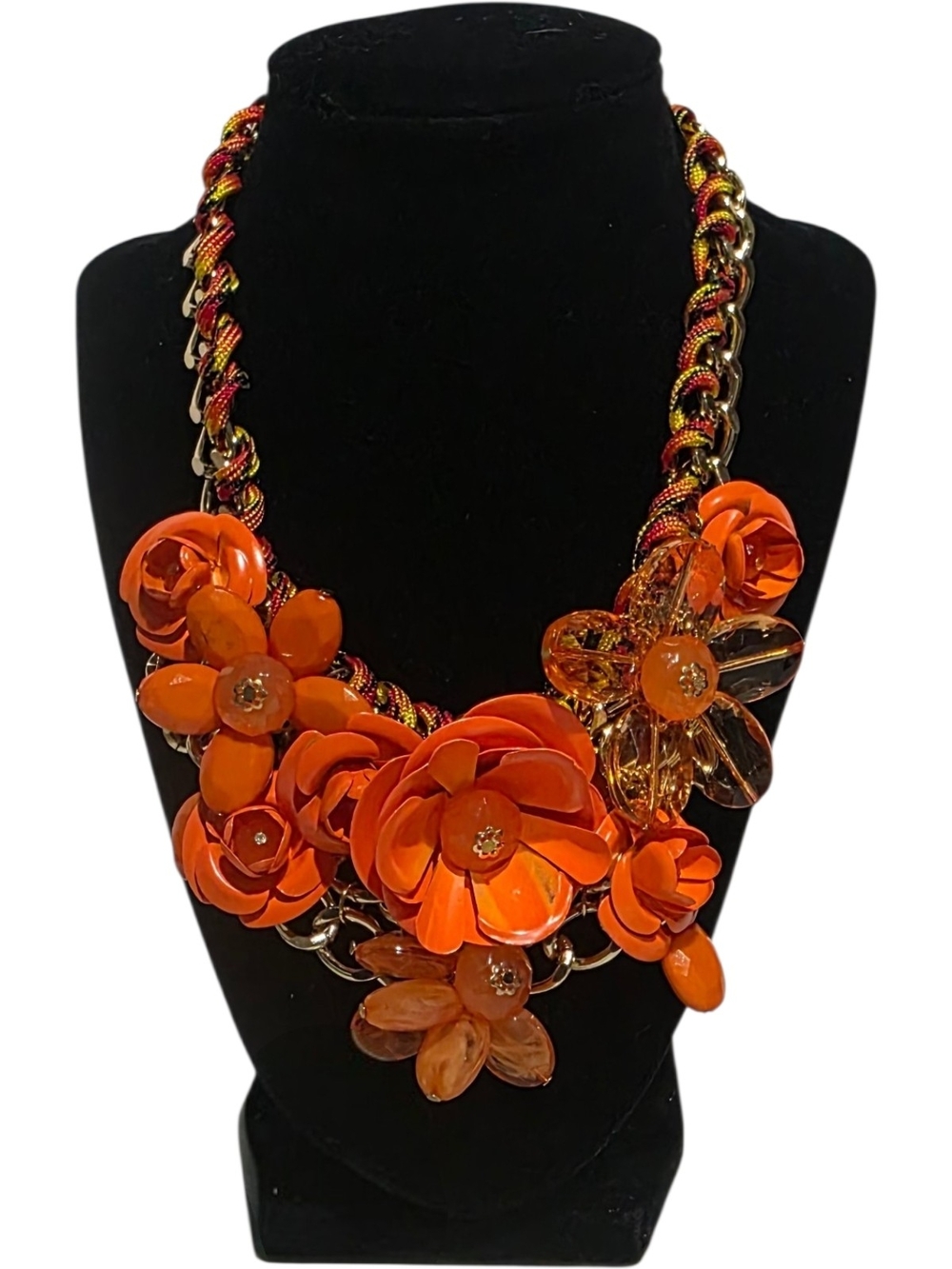 La Primero Orange Floral Statement Necklace Earrings Set Gold Tone Rope Chain